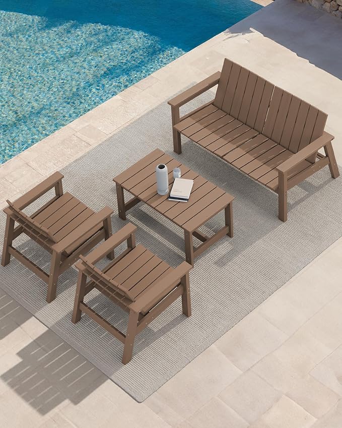 SERWALL Patio Coffee Table, HDPE Rectangle Outdoor Coffee Table Set of 2, Brown
