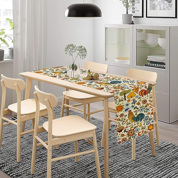 Farm Animal Table Runner, Boho Folk Style Country Rustic Farmhouse Rooster Flower Print Table Runner for Home Kitchen Dining Holiday Decor, 13x120inch