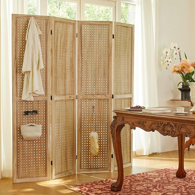 Pegboard Display, 5.6Ft Wooden Room Divider Folding Privacy Screens Portable Freestanding Wall Organizer for Retail Craft Art Display Board (4panels, Natural)