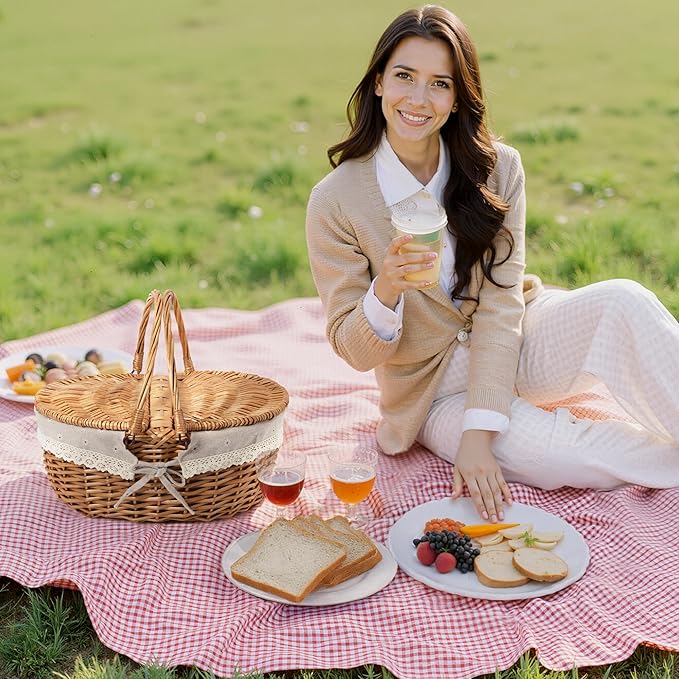 GRANNY SAYS Wicker Picnic Basket for 2 with Handles, Woven Cute Boo Basket with Washable Liner & Dual-Flip Lid, Vintage Large Picnic Baskets for Camping, Outdoor, Easter, Gift, Costume, Flower Liner