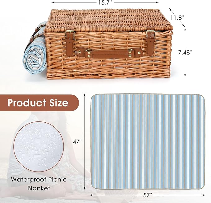HappyPicnic Wicker Picnic Basket Set for 4 Persons | Large Willow Hamper with Large Insulated Cooler Compartment, Waterproof Blanket and Cutlery Service Kit-Classical Brown