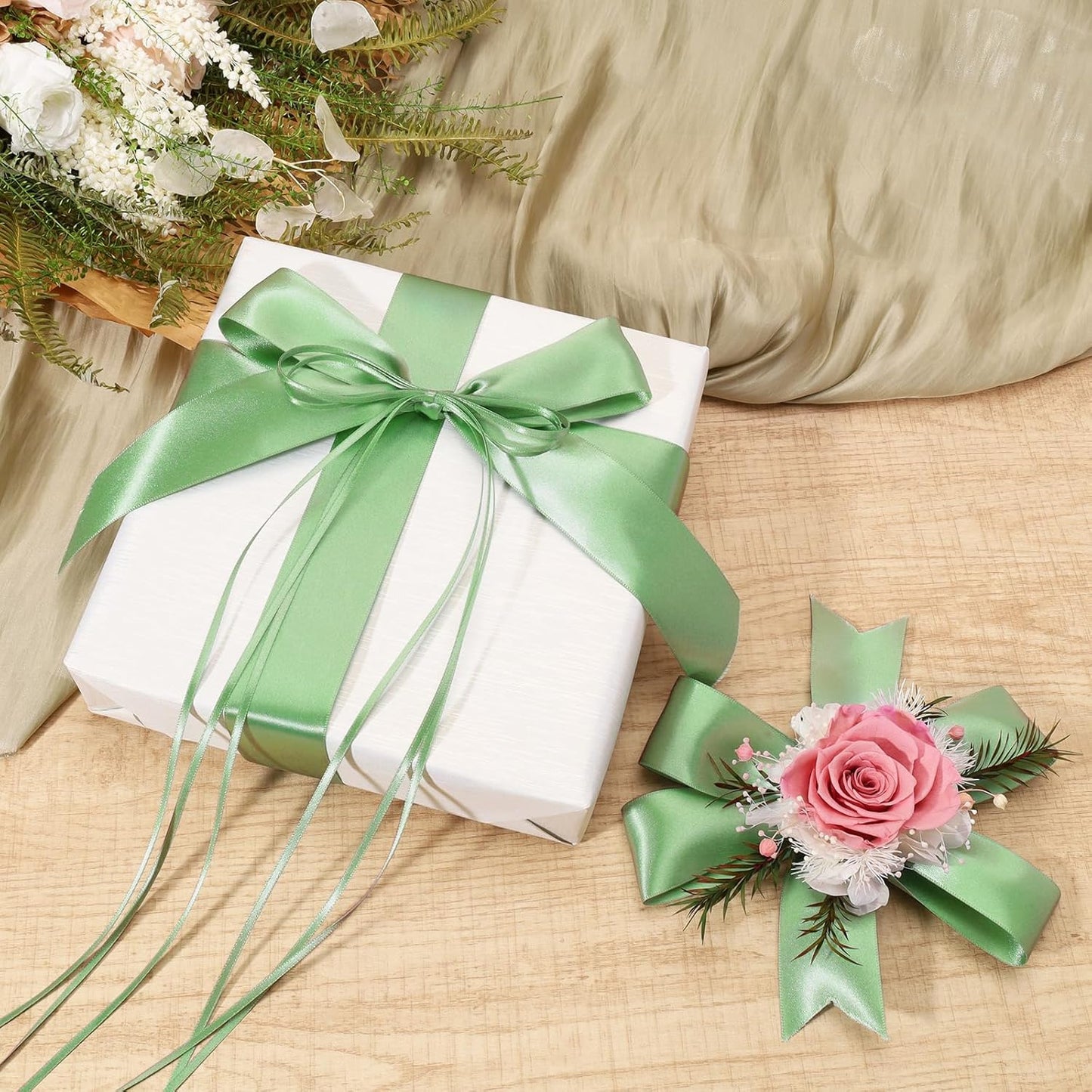 LaRibbons Sage Green Satin Ribbon 1 Inch 50 Yards Luxury Double Faced Green Silk Ribbon for Flower Bouquet Crafts Gift Wrapping Wedding Decoration