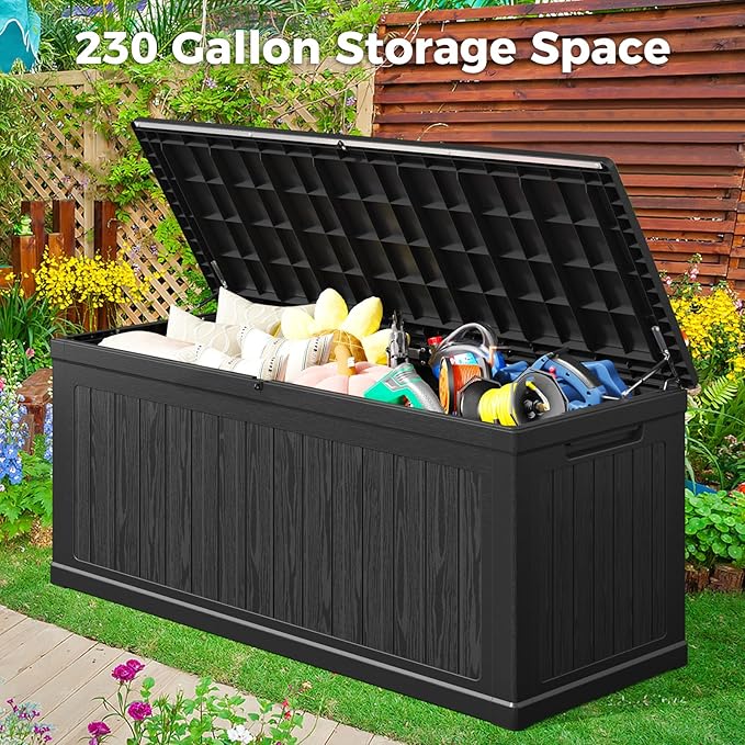 Lyromix 260 Gallon Outdoor Storage Box, UV-Resistant Waterproof Deck Box Outdoor with Lockable Design (Lock Not Included) and Hydraulic Lid, Patio Storage Bin for Cushions and Garden Tools, Black