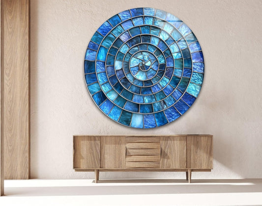 My Photostation.com 20''(50cm) Diameter Blue Aqua Spiral Harmony Round Glass Wall Art Tempered Glass Printing Wall Decor Large Wall Art Wall Hangings