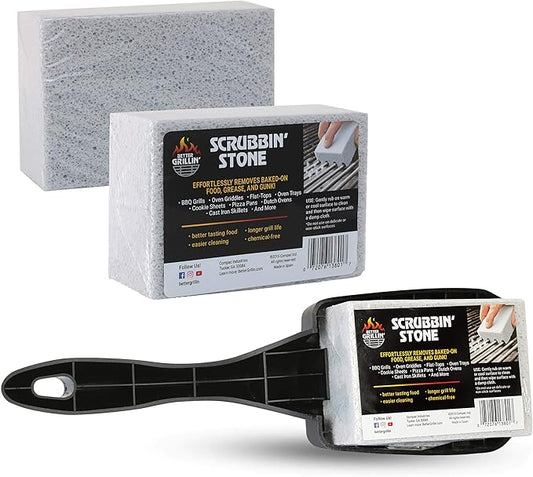 Better Grillin Scrubbin Stone Grill Cleaner Handle-Protect Hands & Nails When Scouring Grill with Three Scrubbin Stone