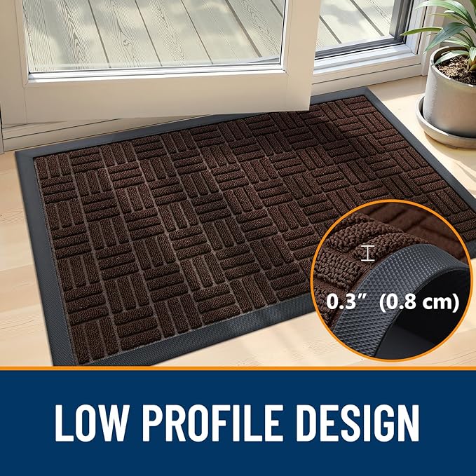 OLANLY Front Door Mat Outside Entrance 29.5x17, Absorbent, Heavy Duty Sturdy Natural Rubber Doormat Indoor Outdoor, Stain and Fade Resistant, Non-Slip Backing Low Profile Floor Mat for Entryway, Brown
