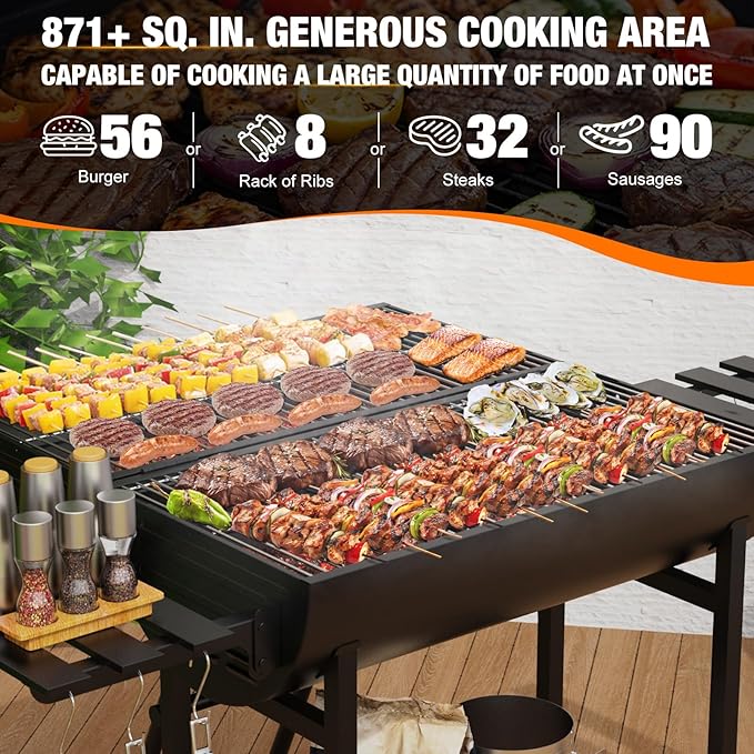 Extra Large Charcoal Barbecue Grill, 871 Sq. In. Cooking Space, Outdoor Barrel BBQ Grill with 2 Foldable Side Tables for Outdoor Backyard Patio Picnic Parties Camping, Black