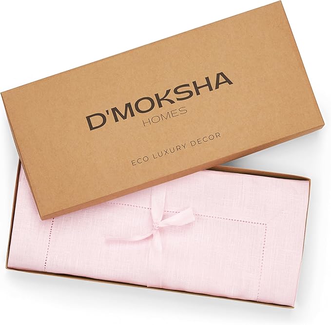 D'Moksha Homes Linen Pastel Pink Table Runner 72 Inches Long - 100% Pure Linen Hemstitch Table Runner 14 x 72 Inch for Dresser, Dining, Valentines, Spring, Easter - Classic Hemstitch