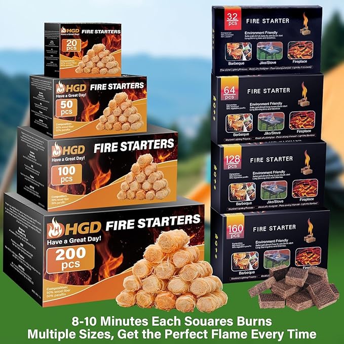 HGD Larger 32pcs Fire Starter, Natural Fire Starters for BBQ, Campfire, Fireplace, Charcoal, Wood Stove, Chimney, Fire Pit, Grill, Smoker, Indoor Outdoor Use