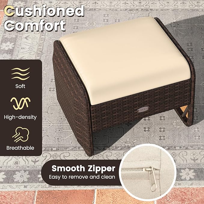 Tangkula 2 Pieces Patio PE Wicker Ottomans with Removable Cushions, Multipurpose Outdoor Furniture for Additional Seating, Footrest and Side Table, Outdoor Footstools for Porch, Backyard (Beige)