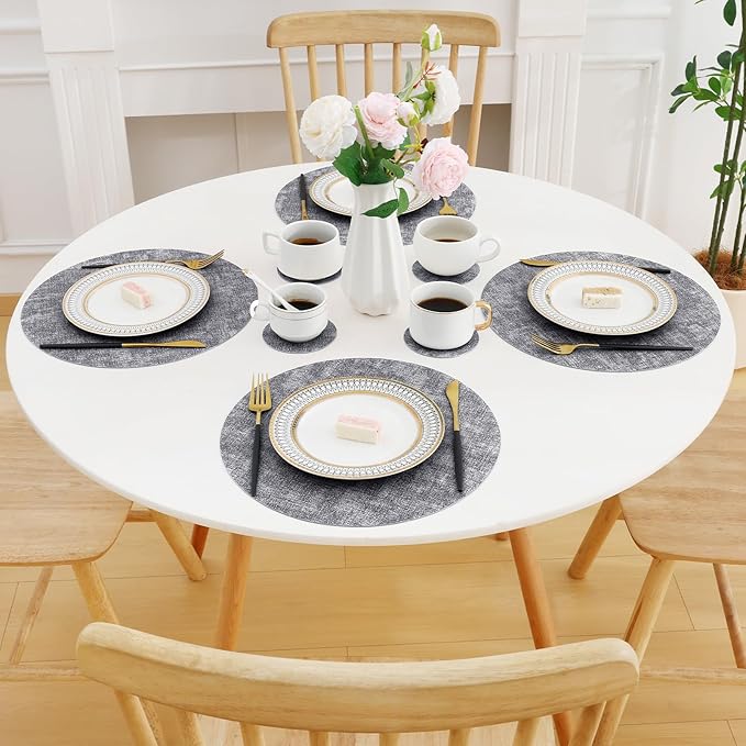 Homaxy Round Faux Leather Placemats and Coasters, Washable Dual-Side Table Mats, Wipeable Heat-Resistant Dining Place Mats for Outdoor and Indoor, Set of 4, Diameter 13 and 3.93 inch, Black & White