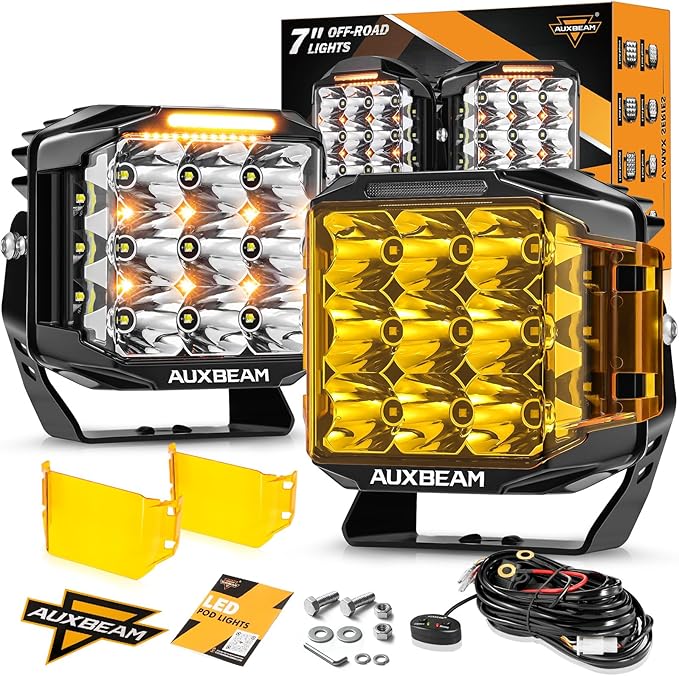 Auxbeam V-MAX Series LED Pod Lights, 7 Inch Offroad Driving Cube Lights with Amber DRL& Backlight, 228W Super Bright Spot Flood Combo Beam Universal Auxiliary Ditch Light with Amber Cover, 2PCS
