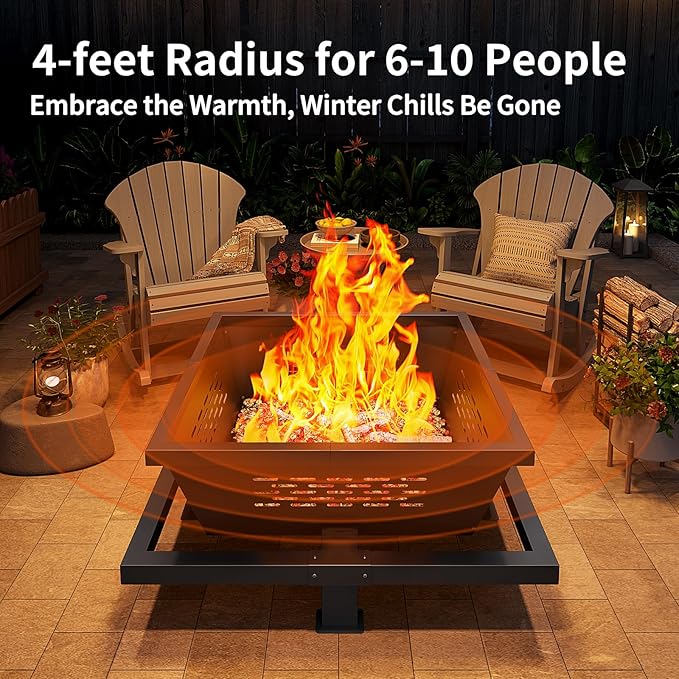 42" Large Fire Pit, Square Outdoor Fire Pit with Poker, Wood Burning FirePit for Camping, Backyard, Patio