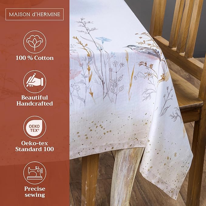 Maison d' Hermine Table Cloth Square Table 100% Cotton 54 x 54 Inches Tablecloth Reusable Decorative for Dining Room, Farmhouse, Home, Party, Festive & Wedding Spring Summer - Meadow Florals - Beige