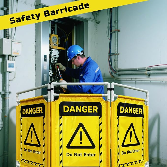 Safety Caution Barricade 3Panels Foldable Security Signs With PVC Tarp Removable Safety Barrier Wet Floor Guard Symbol Clear Printing Safety Fence(Yellow)