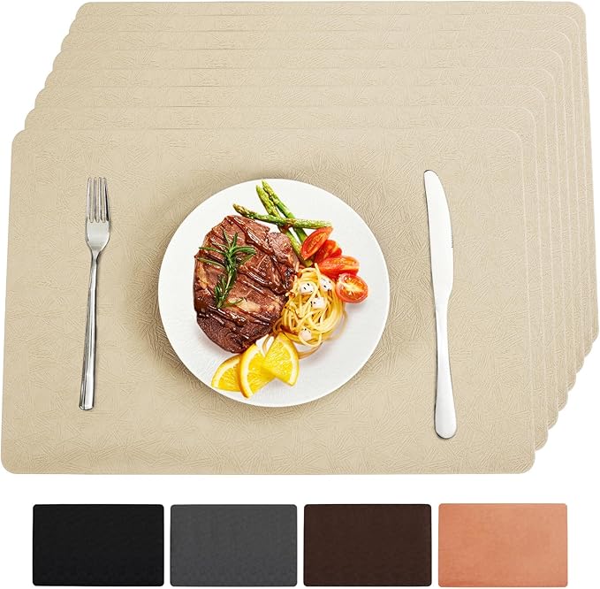 Vinyl Placemats Set of 8 Heat Resistant Easy Clean Non-Slip Place Mats for Dining Table. Faux Leather Waterproof Stain Resistant Wipeable Washable PU Table Mats(8, Beige)