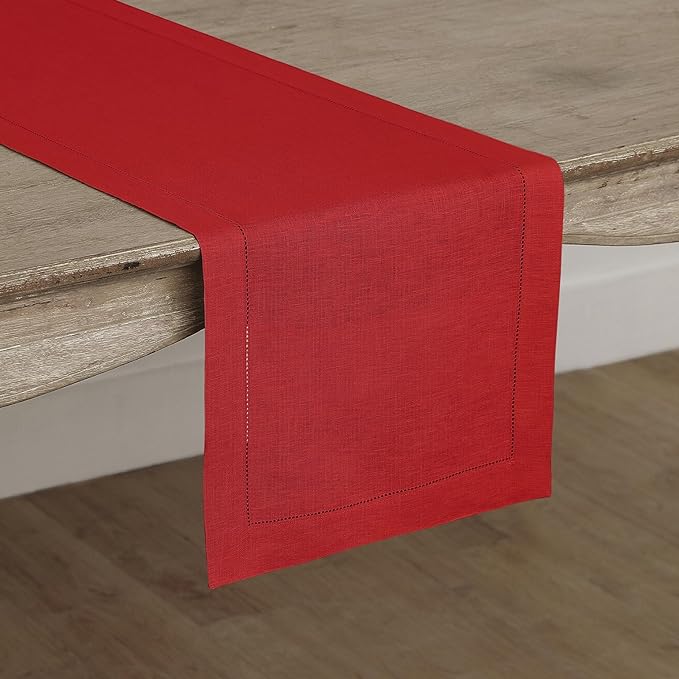 Solino Home Linen Red Table Runner 132 Inches Long - 100% Pure Linen Extra Long Table Runner 14 x 132 Inch for Valentines, Winter - Classic Hemstitch