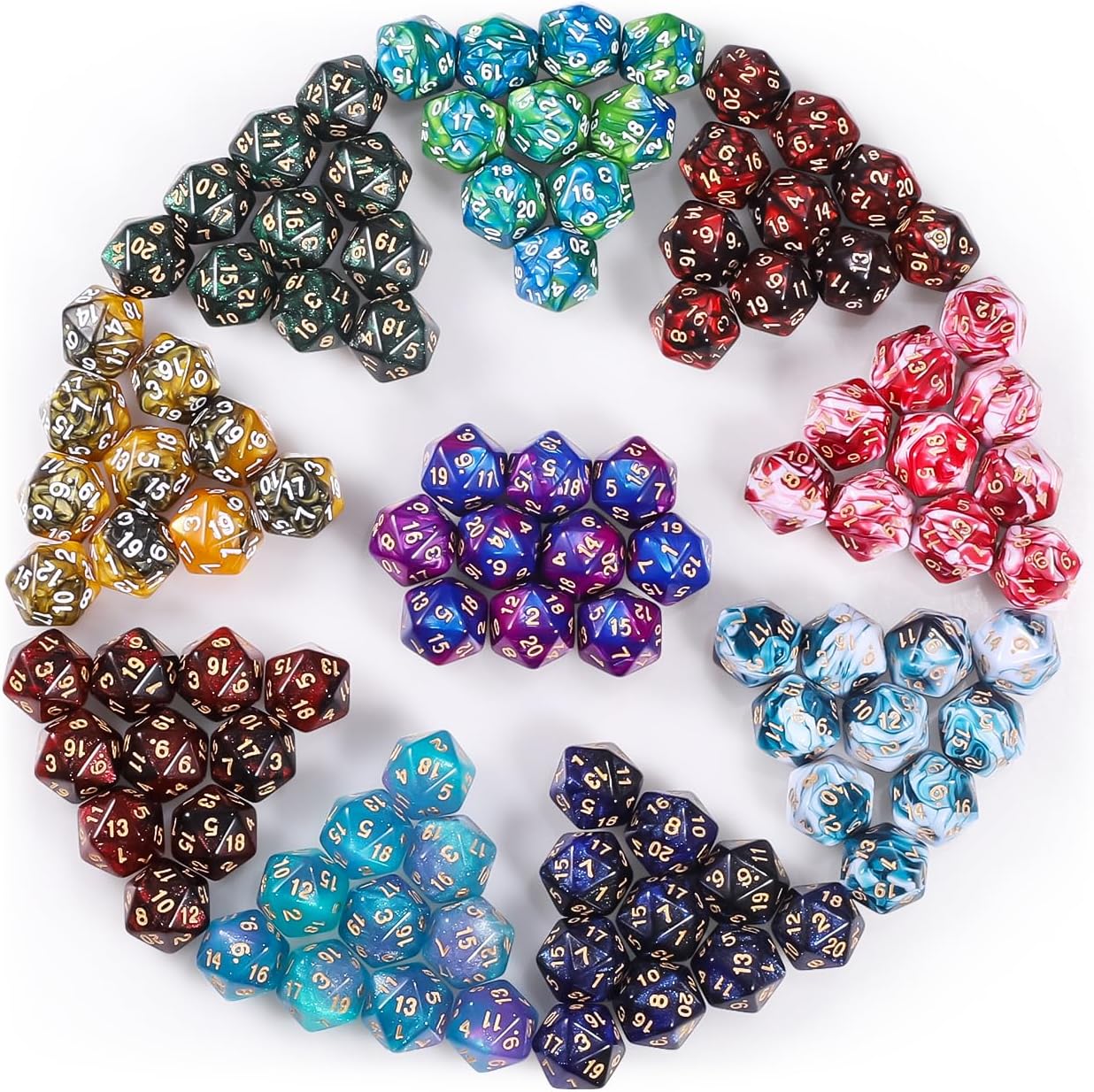 CiaraQ DND Polyhedral Dice (100pcs) with A Dice Bag Compatible with Dungeons and Dragons DND RPG MTG Role Playing Table Games (D20 dice, 10 Two Colors-100pcs)