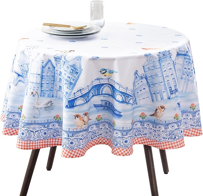Maison d'Hermine Table Cloth Round Table 100% Cotton Tablecloth for Dining Room, Farmhouse, Home, Hotel, Parties & Wedding - Ideal for Easter Decorations Spring & Summer (Amsterdam Canals, 63" Round)