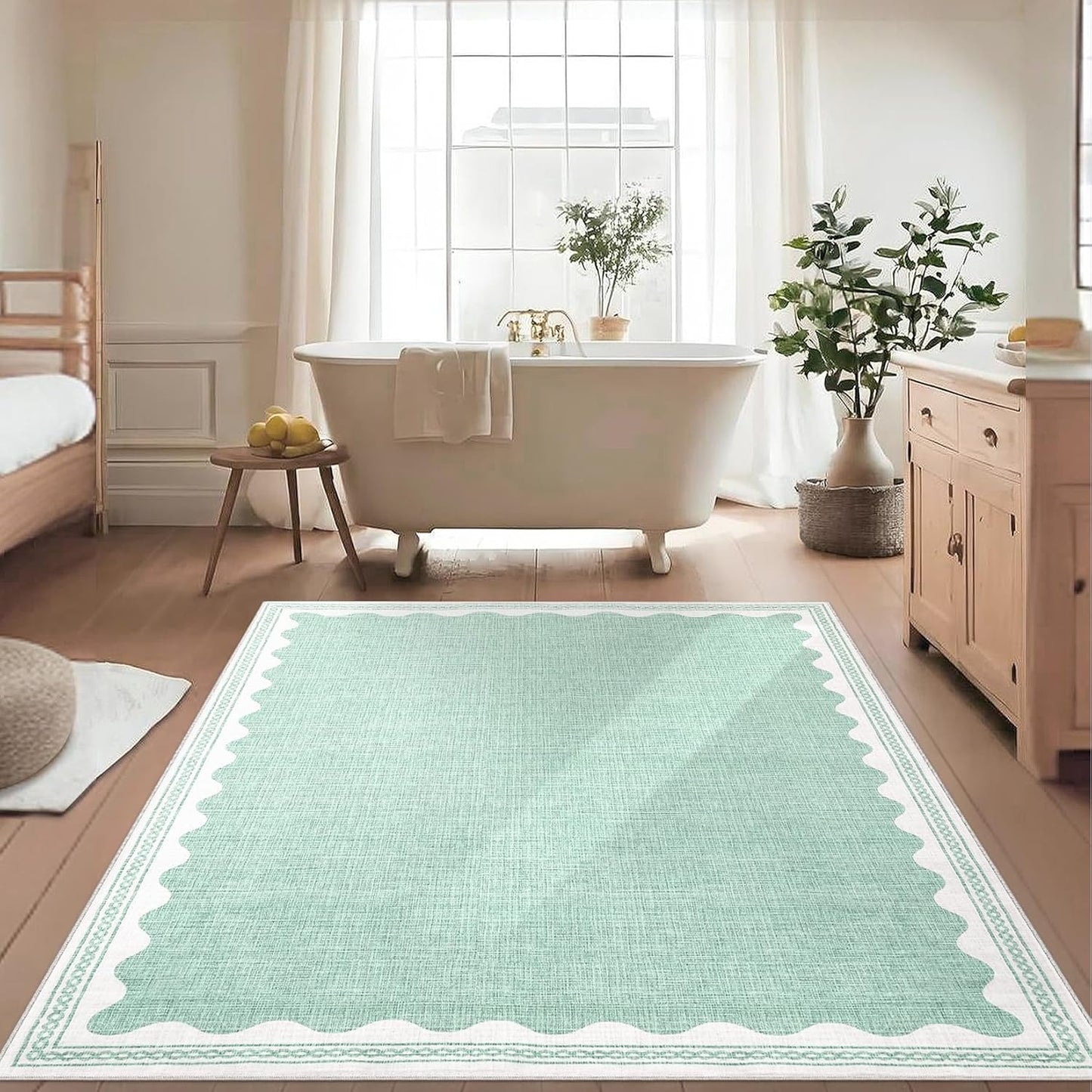 Scalloped 3x5 Rugs for Entryway, Small Area Rug Solid Green Rug for Bedroom Girls, 3x5 Washable Rugs for Living Room, Non Slip Scalloped Bath Mat, Soft Dorm Nursery Carpet for Bedside