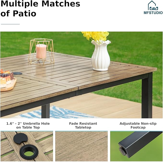 MFSTUDIO 7 Pieces Patio Dining Sets for 6, 64" Rectangle Wood-Like Dining Table for 6, Cushioned Metal Chairs, Outdoor Table and Chairs, Heavy Duty Dining Furniture for Backyard, Porch