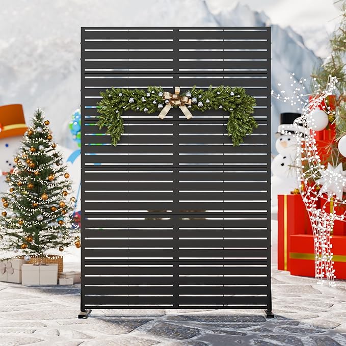 Casaphoria Metal Privacy Screen Outdoor, 72" H x 47" W Freestanding Decorative Privacy Screen for Patio Deck Balcony Garden with Stable Base, Louvered Black