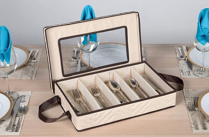 Flatware Storage Case - Durable 5 Compartment Silverware Storage Container Box with Removable Lid and Easy to Carry Handles - Large Capacity Keeps Your Cutlery Organized & Protected - Beige