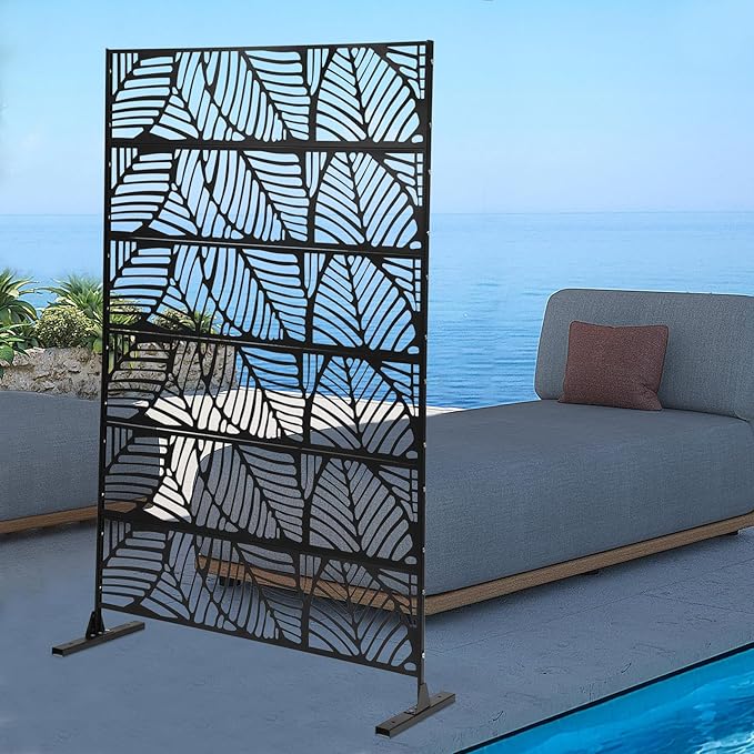 Metal Outdoor Divider 71x40'' Privacy Screens 6 Panels Privacy Fence with Leaf Pattern, Freestanding Decorative Privacy Screen for Patio Balcony Deck Garden Backyard (Model A)
