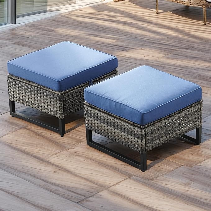 HUMMUH Outdoor Ottomans for Patio Set of 2 PE Wicker Outdoor Footstool with Removable Weather-Resistant Cushions for Patio, Backyard