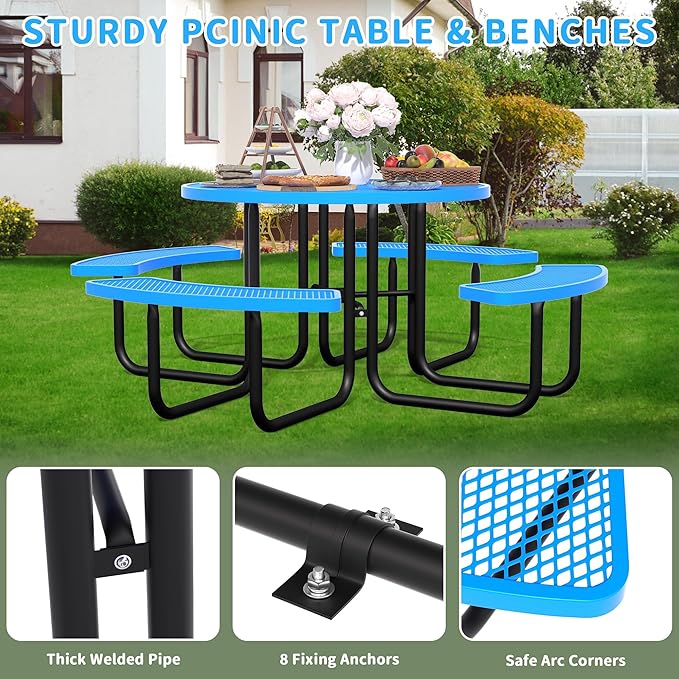 46'' Round Metal Picnic Table for Outdoors, Commercial Steel Metal Picnic Tables, Heavy Duty Sturdy Picnic Tables Furniture Set for Patio Garden Courtyard BBQ, with Umbrella Hole, Blue