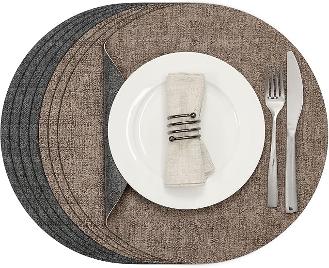 Myir JUN Round Placemats Dual Sided, Faux Leather Place Mats Set of 4 Indoor Placemats for Dining Table Outdoor Placemats Non-Slip Washable Table Mats (Set of 8, Gray Brown)