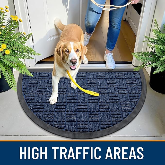 OLANLY Half Circle Door Mat Outside Entrance 29.5x17, Absorbent, Heavy Duty Sturdy Natural Rubber Doormat Indoor Outdoor, Fade Resistant, Non-Slip Backing Low Profile Floor Mat for Entryway, Navy Blue