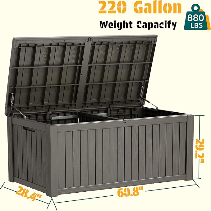 NUNU LAB 220 Gallon Outdoor Storage Box Waterproof, Outside Package Delivery Deck Boxes with Lockable Lid, Backyard Storage Bin For Garden Tools, Patio Cushions, Gray