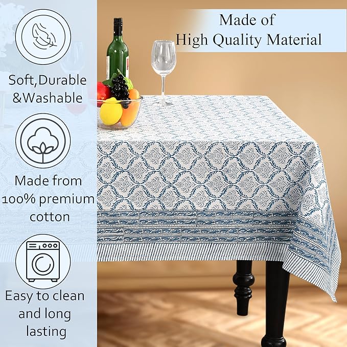 CPC Indigo Regal Tablecloth 100% Cotton 60x90 Inch Indian Block Print Rectangle Table Cover, Table Cloth for Gifting in Weddings, Halloween, Fall, Christmas, Thanksgiving