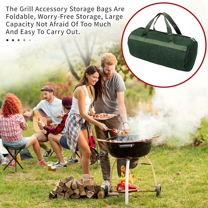 Grill Accessory Storage Bag, 24"" Extra Thick Canvas Grill Utensil Storage Bag, Double Zipper Grill Tool Storage Bag, BBQ Tool Storage Bag Carry Bag for Camping Hiking Barbecue, Dark Green