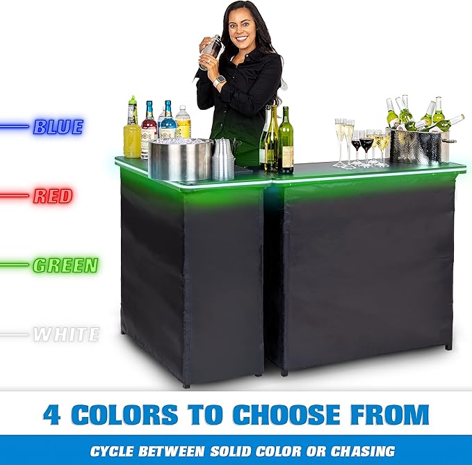 GoPong GoBar Portable Double Bar Table Set with Multi-Color LED Lights - Mobile Bartender Station for Events - Includes Carrying Case