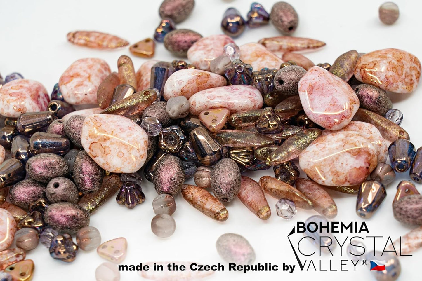 2.1oz (60 g) Mix of Unique Czech Bohemia Glass Pressed Beads, Matte and Glossy, Hand Made, Antique Copper Pink