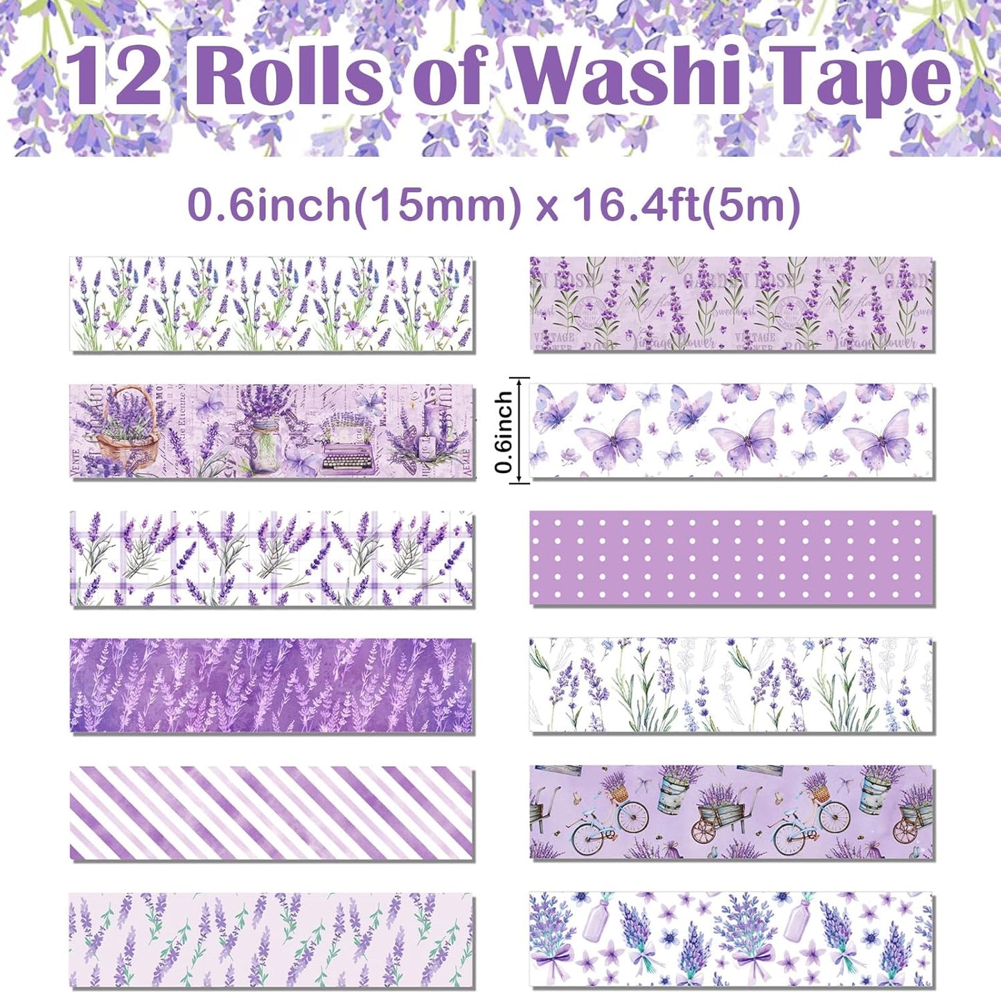 12 Rolls Lavender Washi Tape, Purple Floral Masking Tapes, Flower Butterfly Decorative Tape for Journals, Planners, Scrapbooking, Packaging, DIY Arts Crafts, Wrapping 16.4FT