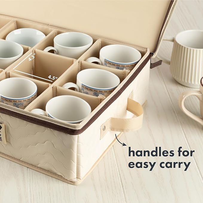 China Storage Hard Shell Containers 5-Piece Set Moving Boxes for Dinnerware, Glasses, Plates, Mugs and Saucers Sturdy Dish Organizer with Dividers for Seasonal Storage - Service for 12 - Beige Quilted