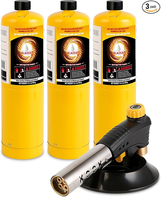 BLAZEAL Propane Torch Kit with 3x MAPP Gas,4-Flame Blow Torch Head with Propane Tank Base for MAP Gas,Work in All Angle,Trigger Start Torch Gun for Welding Brazing Soldering Grill Camping Cooking Food