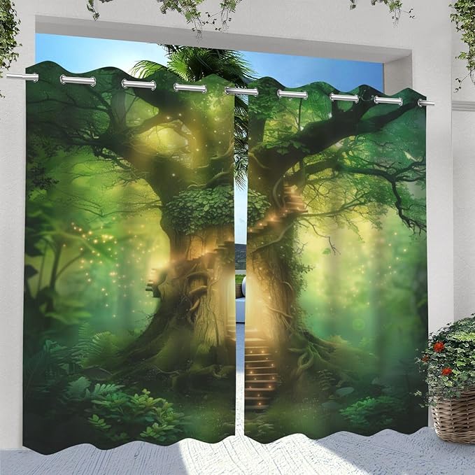 Fantasy Theme Waterproof Indoor/Outdoor Curtains,Forest Pattern,Waterproof, Privacy, Grommet Curtains for Patio, Pergola, Porch, Deck, Lanai, Cabana,2 Panel,W42 x L63,Green