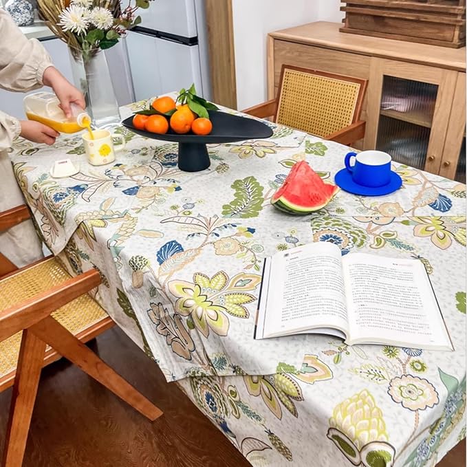 Spring Table Cloth for Rectangle Table, Washable Waterproof Tablecloth, Polyester-Linen Print Table Cover for Dining, Outdoor, Picnic, Farmhouse - 72''x54'' - Green Flowers
