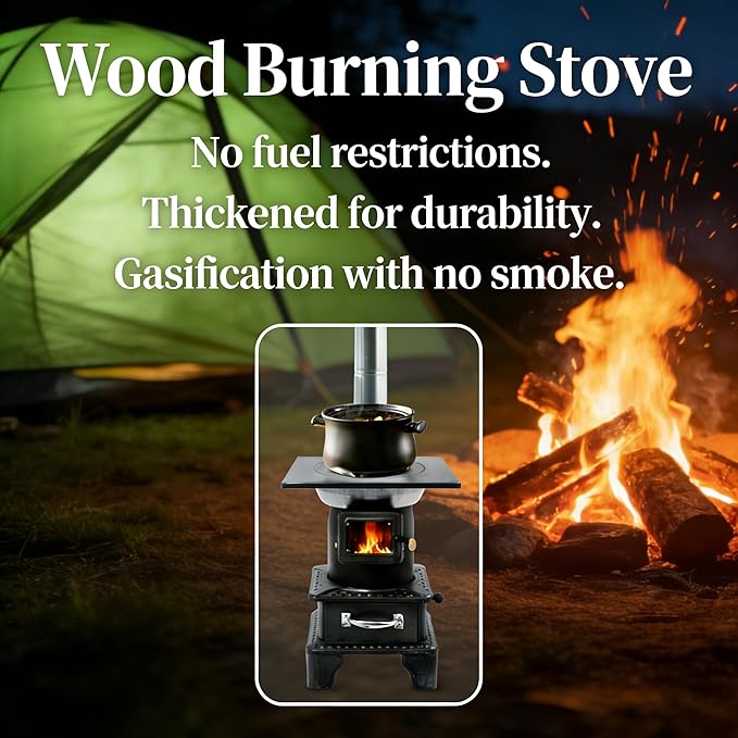 Wood Burning Stove with Chimney and Heat Shield, Outdoor Portable Heater for Camping, Cabin, Tent, Patio, Ice Fishing, Use with Firewood Coal, Carbon Steel, 3-Size Cooktop