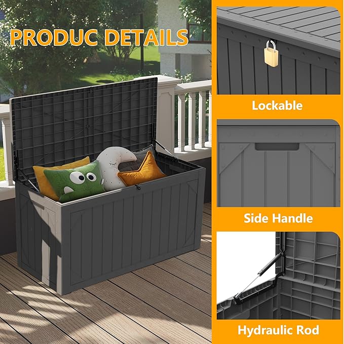 100 Gallon Resin Deck Box, Waterproof Outdoor Storage Box for Patio Furniture, Garden Tools, and Pool Accessories, Lockable UV-Resistant Storage Bin Bench Cabinet for Outside, Grey