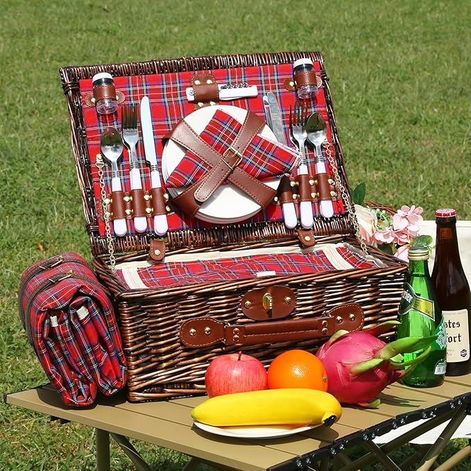 Neti Neti Wicker Picnic Basket for 4 with Insulated Cooler & Waterproof Blanket – Large Willow Picnic Hamper for Outdoor, Camping, Beach, Romantic Dates, Valentine’s Day