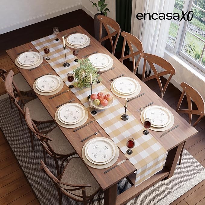 Encasa XO Cotton Dining Table Runner | Buffalo Beige Checks | Size 13x72 in - Machine Washable & Durable