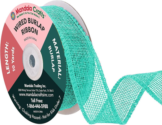 Mandala Crafts Turquoise Burlap Wired Ribbon 1 Inches Wide Jute Ribbons for Crafts - 10 Yds Roll Rustic Burlap Wrap Trim Ribbons for Wreaths Bows Party Decoration