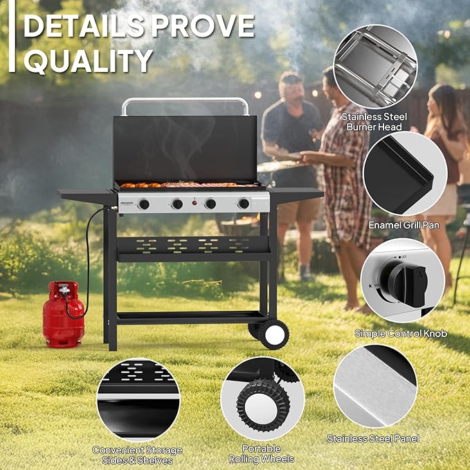 ROVSUN 4 Burner Portable Propane Griddle with Enameled Tray & Lid, 40000 BTU Rolling Flat Top Gas Grill with Electronic Ignition, Side Shelves & Regulator for Outdoor Cooking Camping BBQ Tailgating