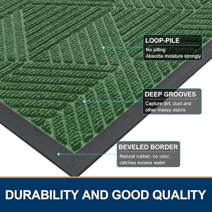 Smiry Front Door Mat Outside Entrance, Heavy Duty Sturdy Natural Rubber Doormat, Trap Dirt and Moisture, Easy Clean Low Profile Mats for Indoor Outdoor Entry, Irregular Triangle (59x35, Green)