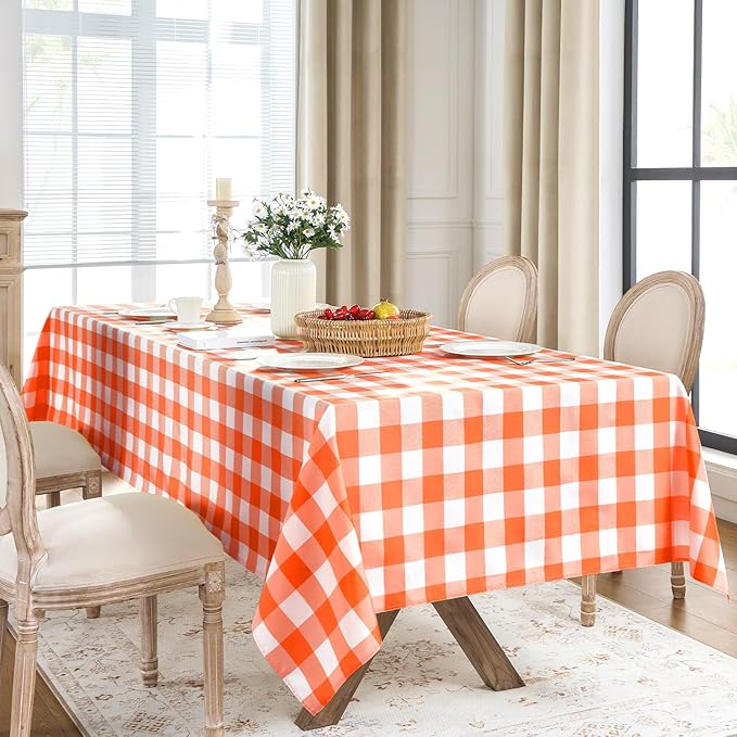 Softalker Gingham Checkered Tablecloth Square - Outdoor Waterproof Buffalo Plaid Table Cloth, Stain Resistant Washable Table Cover for Picnic, Camping, Dining - Orange and White, 54 x 54 Inch